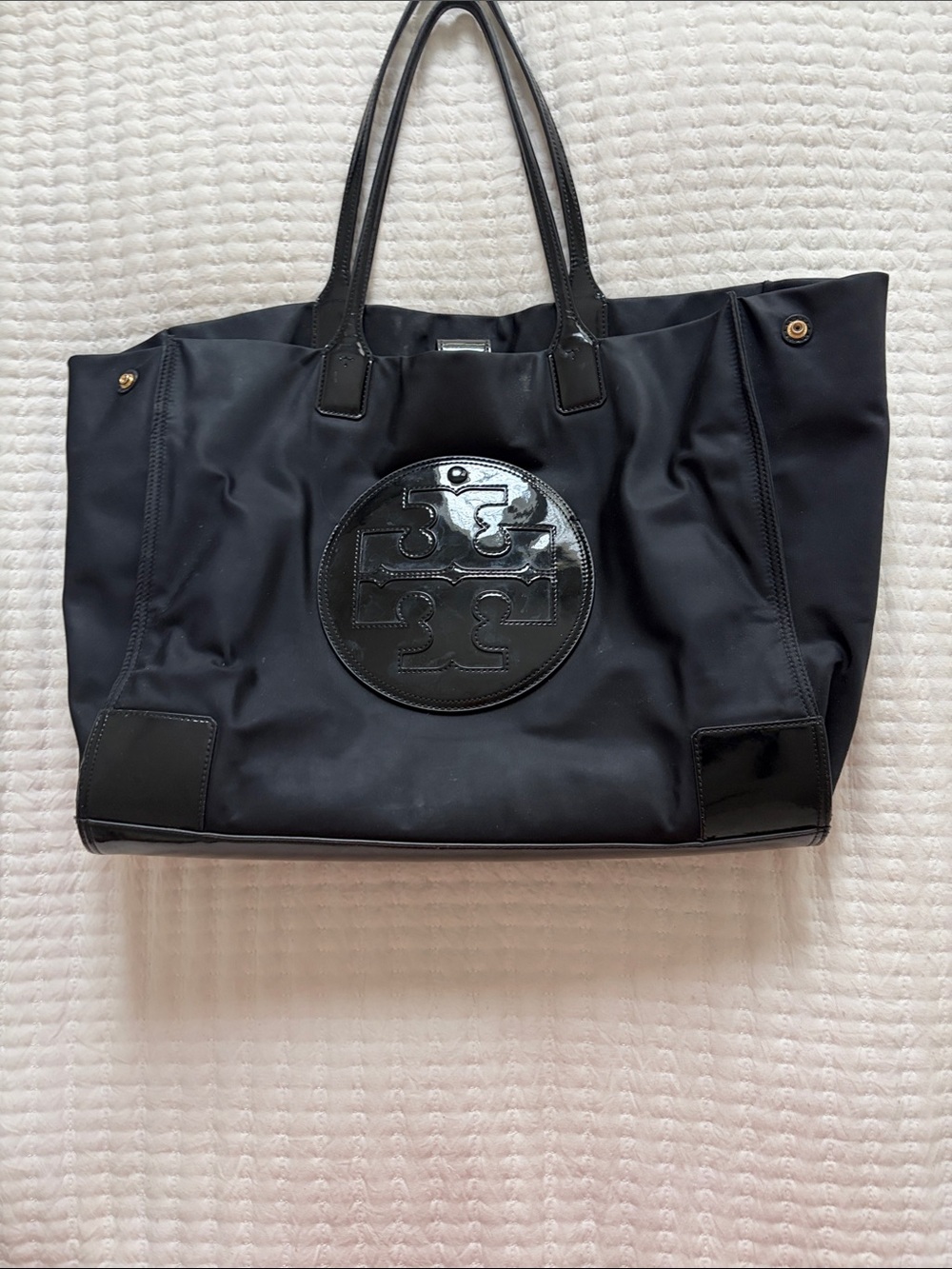 Authentic Tory Burch Gorgeous Black Nylon Tote with Patent Logo